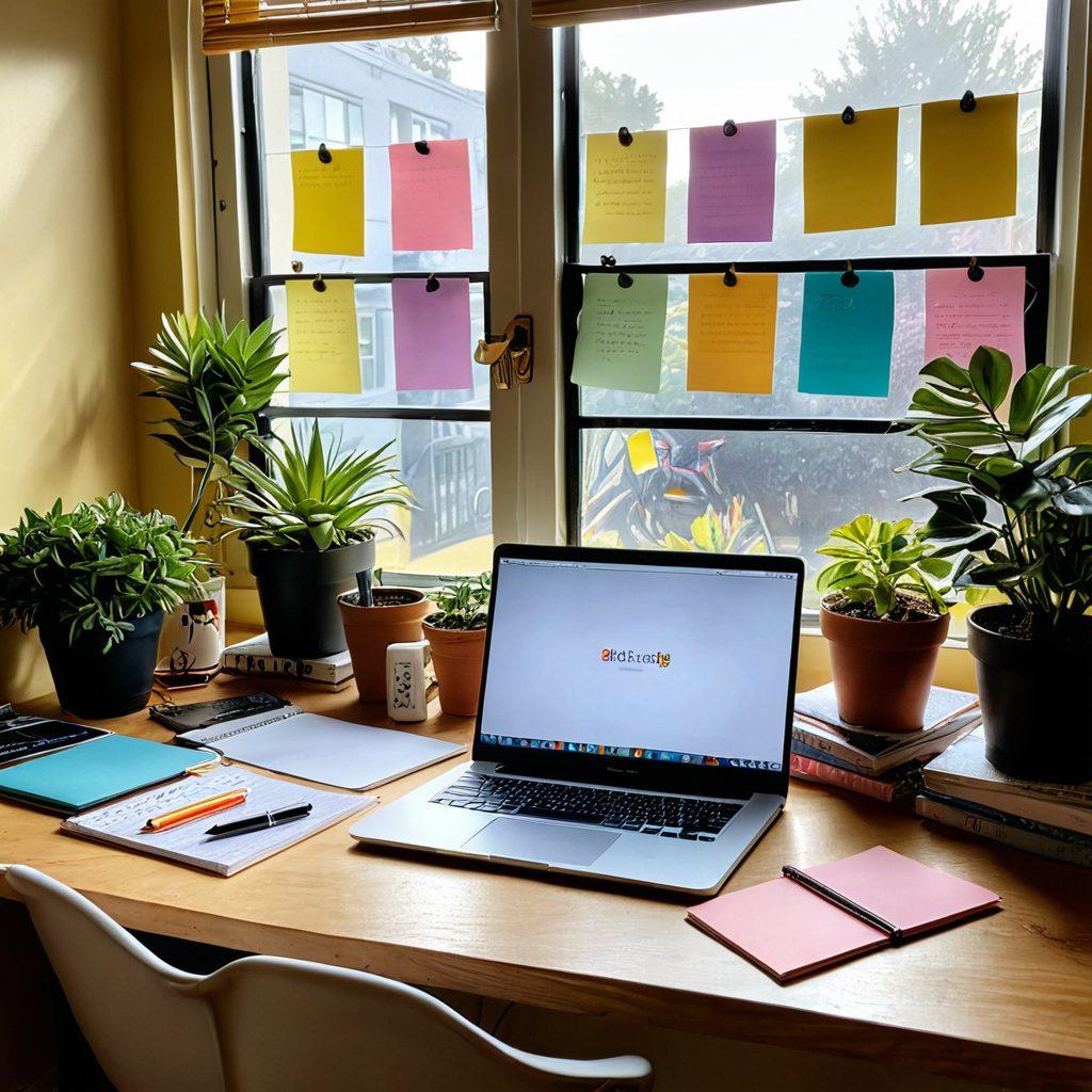 A visually inspiring workspace featuring an open laptop displaying a blogging platform, surrounded by colorful stationery, a steaming cup of coffee, and a vibrant bulletin board filled with creative ideas. Sunlight streams through a nearby window, illuminating the scene with warmth and energy. Include elements like sticky notes, art supplies, and a potted plant to evoke a sense of creativity and inspiration. super-realistic. vibrant colors. bright background.