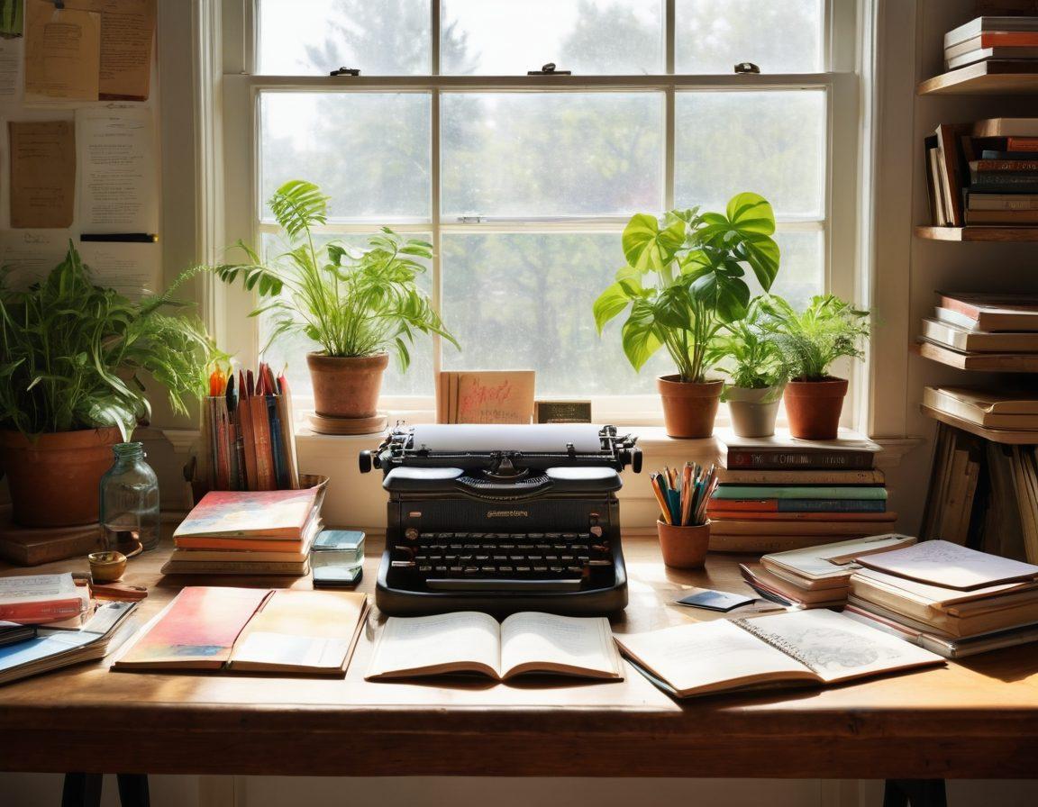 A vibrant and inviting workspace filled with inspiration, featuring a rustic wooden desk cluttered with colorful notebooks, art supplies, and a vintage typewriter. Sunlight streams through a large window, casting playful shadows and highlighting a corkboard adorned with notes and creative sketches. In the background, shelves filled with books and plants create a cozy atmosphere. The scene conveys the essence of creativity and personal exploration. super-realistic. vibrant colors.