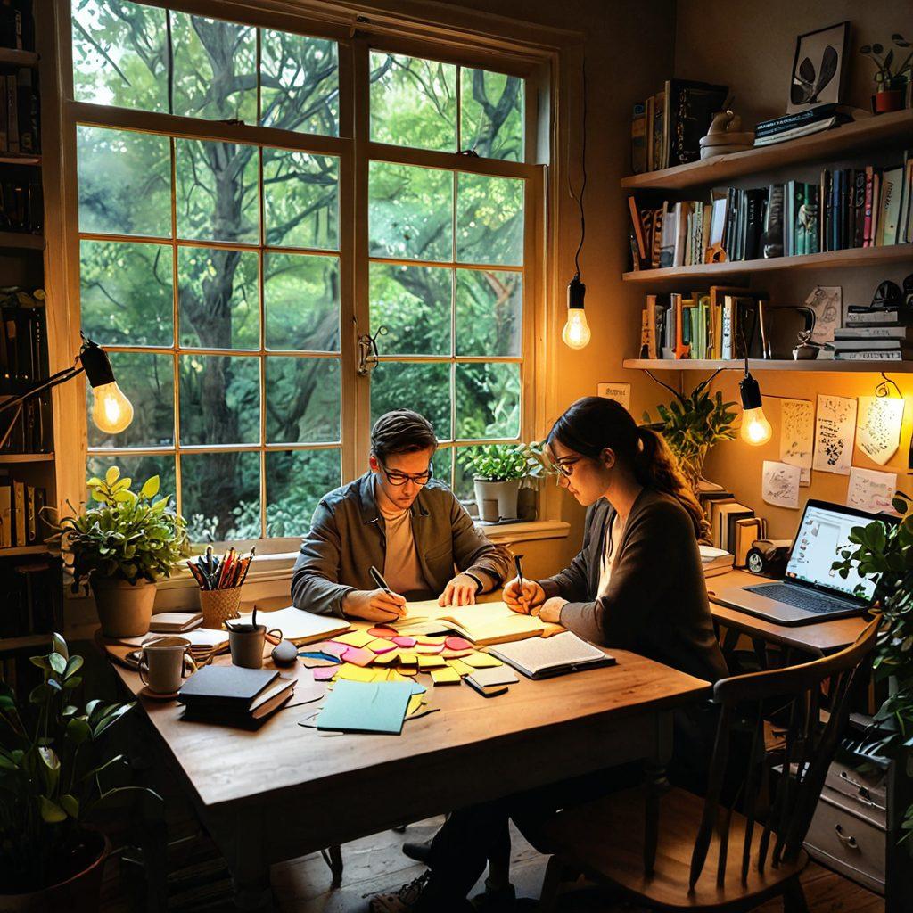An inspiring scene showing a writer sitting at a cozy desk, surrounded by open books, a laptop, and colorful sticky notes scattered around, with a glowing light bulb above symbolizing ideas. In the background, a large window reveals a lush garden, representing growth and creativity. The atmosphere is inviting and warm, enhancing the feeling of transformation. watercolor style. soft colors. illuminated elements.